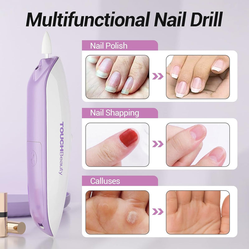 Electric Nail Drill, 5 in 1 Manicure & Pedicure Set Electric Nail Files with LED Light for Acrylic Nails with Buffer, Polisher, Shine, Sharper AG-1333 (Purple)