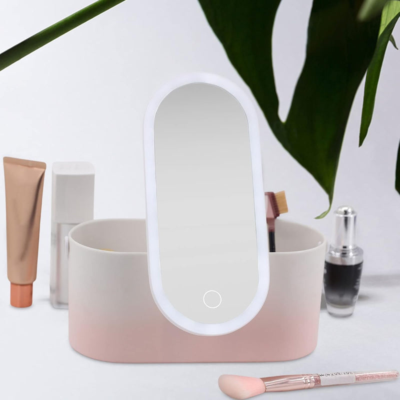 Portable LED Makeup Box,  Women Travel Makeup Box Organiser Storage with Led Mirror Travelling Toiletry (Pink Gradient)