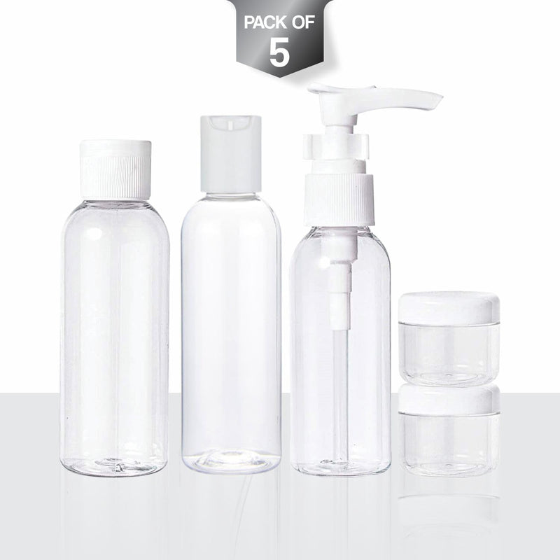 Travel Bottle Set Refillable Empty Clear Bottles Liquid Container Shampoo Lotion Toiletries Shower Bath Cosmetic Makeup Product Home Salon Essential Air Travel Size Travelling Accessory(Pack of 5)
