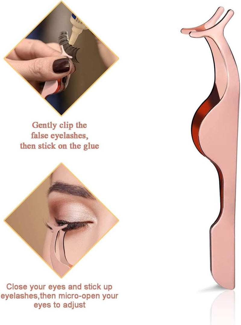 False Eyelashes Applicator Tool, Professional Falses Eyelash Extension Stainless Steel Clip Remover Tweezer for Lashes Application and Removal (Rose Gold)
