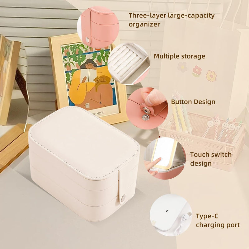Travel Makeup Bag with 3 Colours Led Illuminated Mirror, Cosmetic Bag 3 Layers Portable Travel Jewellery Makeup Organiser Mirror Makeup Case with Dividers for Women (White)