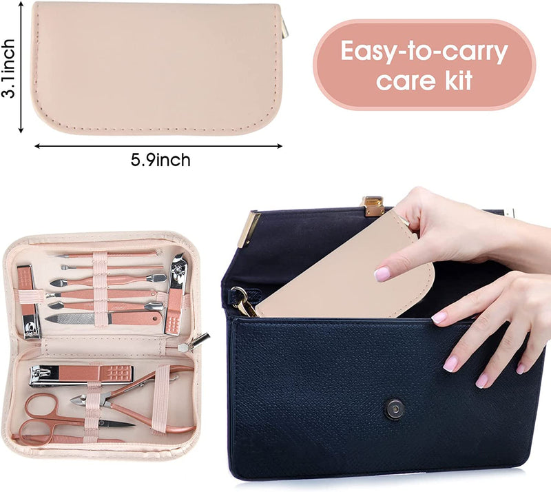 Nail Clippers and Beauty Tool Portable Set, Rose Gold Martensitic Stainless Steel Manicure Set 12 in 1, with Pink Leather Bag, Suitable for Home, Workplace, Outdoor Travel, Gift Giving, Beauty Salon.