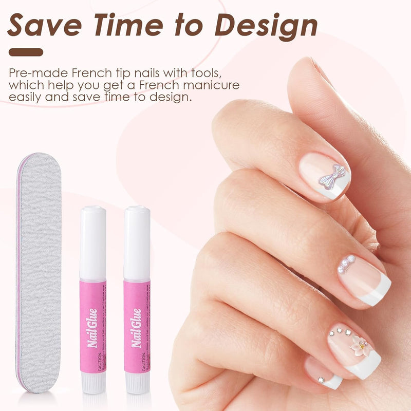 120Pcs French Manicure False Nails Square, Short French Tip False Nails, Full Cover Transparent Press on Nails Stick on Fake Nails for Women Girls Nails Art (White)