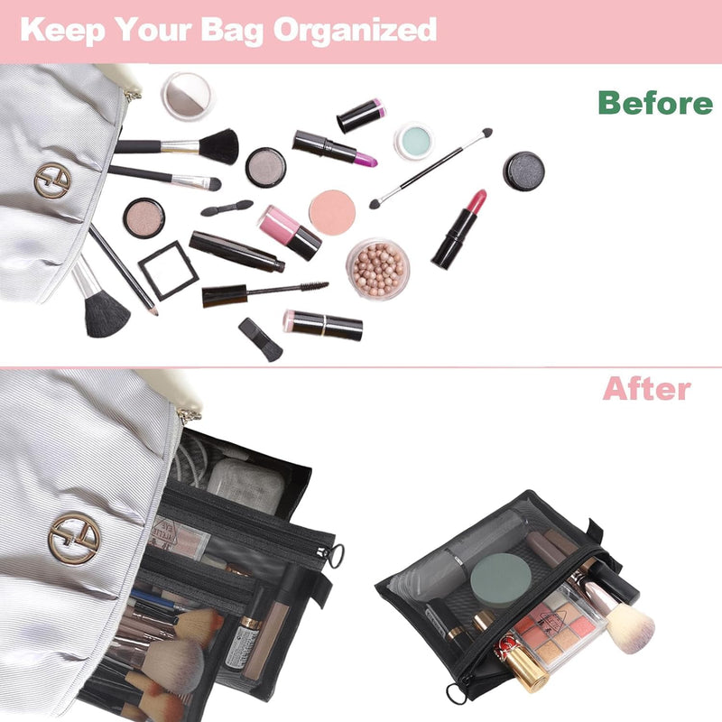 5 Pcs Small Makeup Bag for Handbag,Mesh Makeup Bags for Handbag, Cosmetic Pouch Bags with Zipper, Bag Organiser Pouches for Cosmetics Toiletries, Holiday Travel Essentials for Kids Women Men (Black)