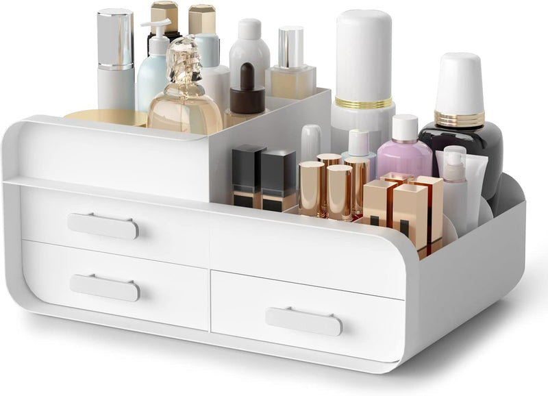 Makeup Organiser Cosmetic Storage Box, Make up Organizer Dressing Table Plastic Cosmetics Holder with Drawer - Large Countertop Vanity Cosmetic Stand Containers for Beauty Skincare Jewellery, White