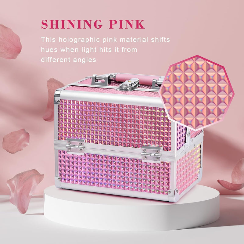 Makeup Box Vanity Case Cosmetic Organiser Box Beauty Storage Train Case with Mirror, Lockable with Keys, Holographic Pink