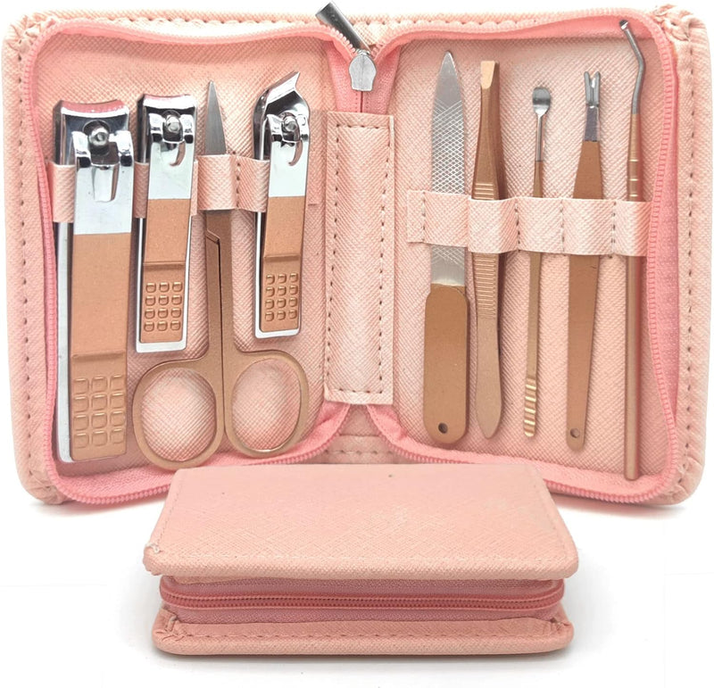 Nail Clippers Manicure Set - 9 in 1 Professional Stainless Steel Nail Scissors Grooming Kit for Women & Man Nail Care Tools Pedicure Kit with Pink PU Leather Zip Case for Travel & Home（Rose GOLD）
