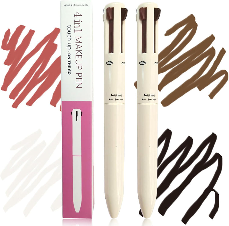 4 in 1 Makeup Pen, 2PCS, Eye Liner, Brow Liner, Lip Liner, Highlighter Pen, All in One Waterproof Long-Lasting Multi-Function Beauty Pencil, Facial Makeup Easy Carry for Wedding Party, 010