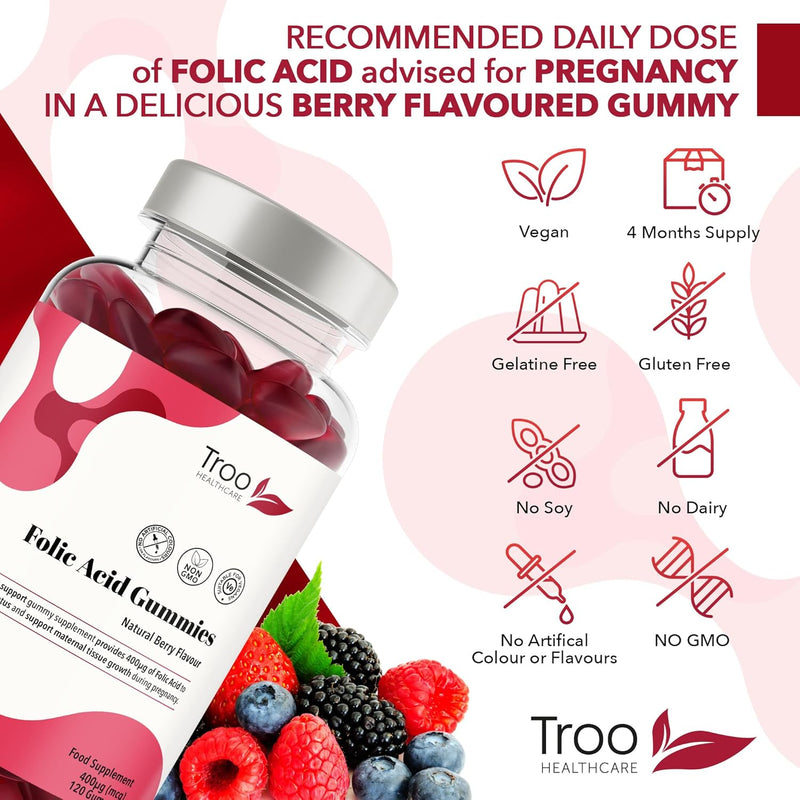Folic Acid 400Μg Gummy Prenatal Supplement - 60 Natural Berry Flavour Gummies to Support Health Pregnancy & Foetus Development - No Common Allergens or GMO