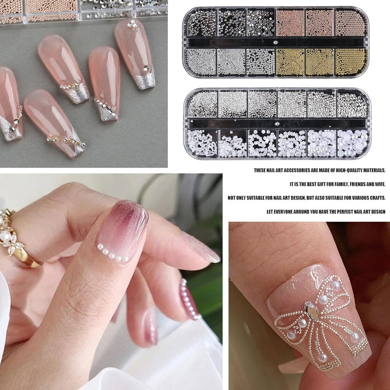 3D Nail Charms, 2 Boxes Multi-Shape Nail Art Charms Nail Rhinestones Flat Nail Pearls Gold Silver Caviar Beads Crystal Nail Gems for Nail Art Decoration DIY Crafts (F)