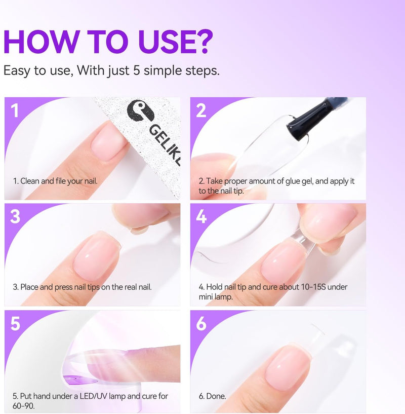 Gel Nail Glue - 6 in 1 UV Nails Glue Base Coat, Strong Adhesive for False Nails, Acrylic Tips, Press on Nails
