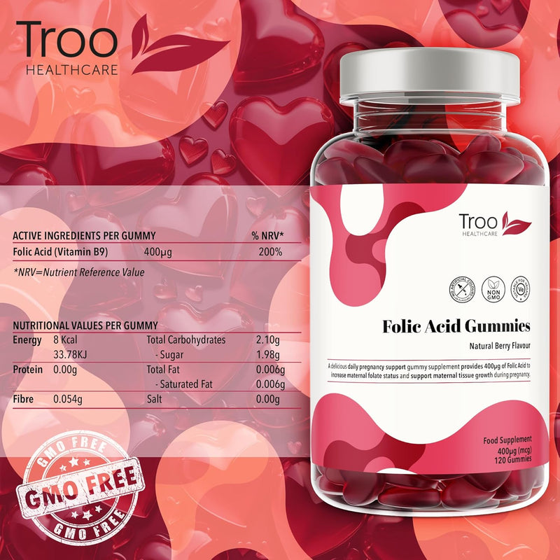 Folic Acid 400Μg Gummy Prenatal Supplement - 60 Natural Berry Flavour Gummies to Support Health Pregnancy & Foetus Development - No Common Allergens or GMO