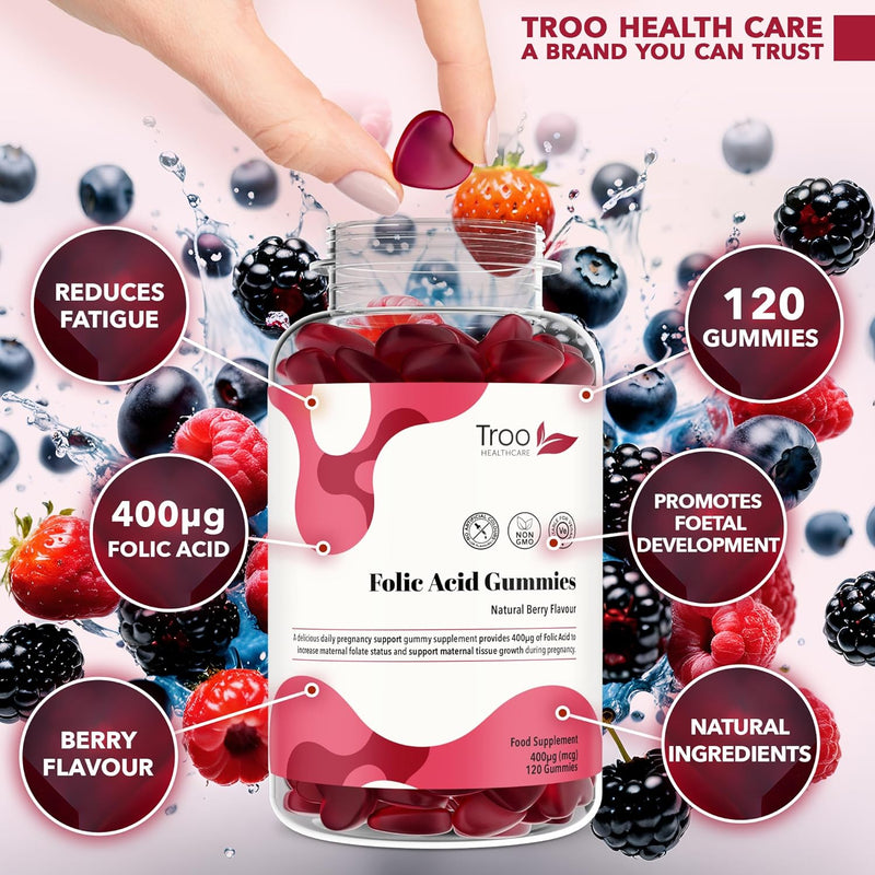 Folic Acid 400Μg Gummy Prenatal Supplement - 60 Natural Berry Flavour Gummies to Support Health Pregnancy & Foetus Development - No Common Allergens or GMO