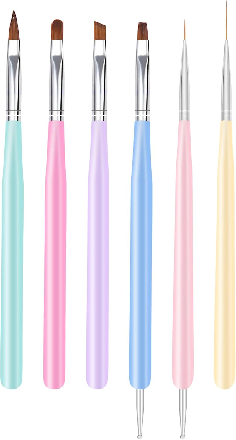 Nail Art Brushes, 6Pcs Nail Art Painting Tools with Nail Art Fine Liner Brush, Nail Design Painting Brushes Set, Builder Gel Brush, Nail Dotting Pen for Gel Polish Manicure Salon DIY, Multicolor