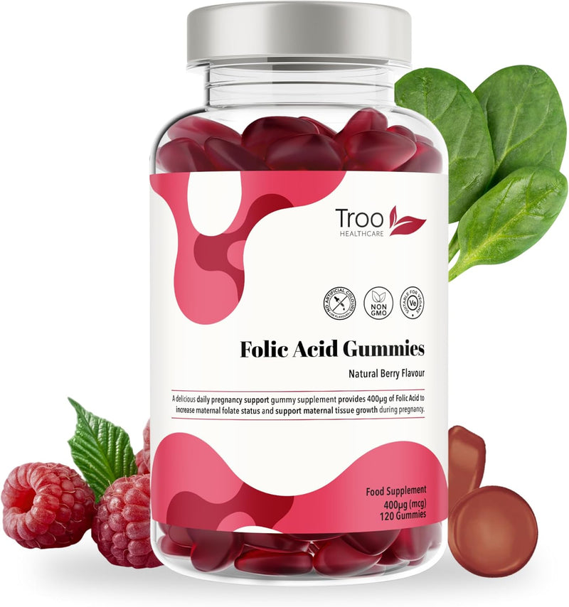 Folic Acid 400Μg Gummy Prenatal Supplement - 60 Natural Berry Flavour Gummies to Support Health Pregnancy & Foetus Development - No Common Allergens or GMO