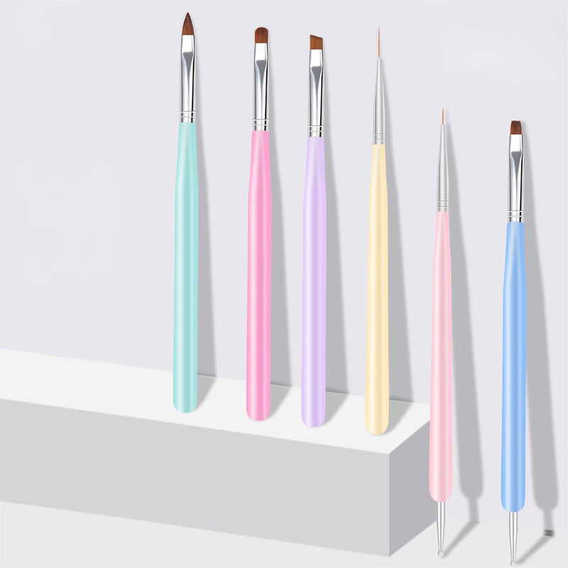 Nail Art Brushes, 6Pcs Nail Art Painting Tools with Nail Art Fine Liner Brush, Nail Design Painting Brushes Set, Builder Gel Brush, Nail Dotting Pen for Gel Polish Manicure Salon DIY, Multicolor