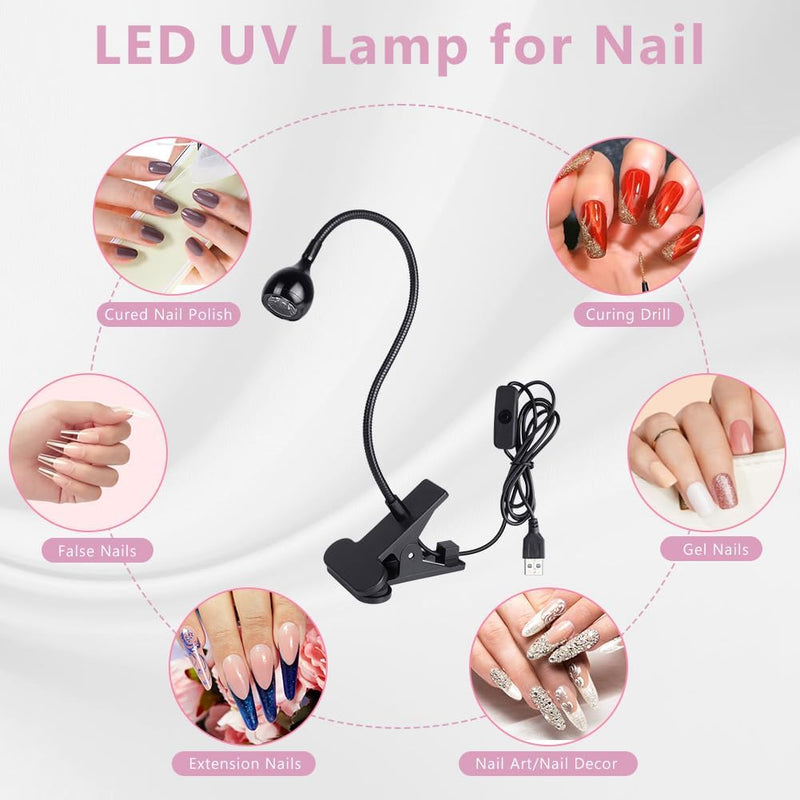 Mini UV Nail Lamp, Small LED Lamps for Gel Nails, 3W UV Glue Curing Lamp with Securing Clip, Rotatable & Rechargeable Mini Nail Dryer, Portable LED Nail Light, Gift for Women Nail Art (Black)