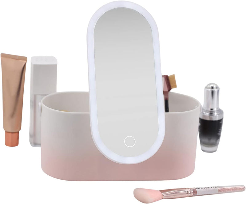 Portable LED Makeup Box,  Women Travel Makeup Box Organiser Storage with Led Mirror Travelling Toiletry (Pink Gradient)