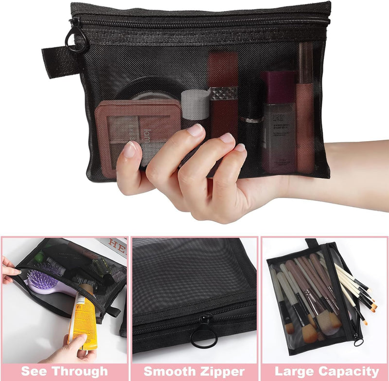 5 Pcs Small Makeup Bag for Handbag,Mesh Makeup Bags for Handbag, Cosmetic Pouch Bags with Zipper, Bag Organiser Pouches for Cosmetics Toiletries, Holiday Travel Essentials for Kids Women Men (Black)