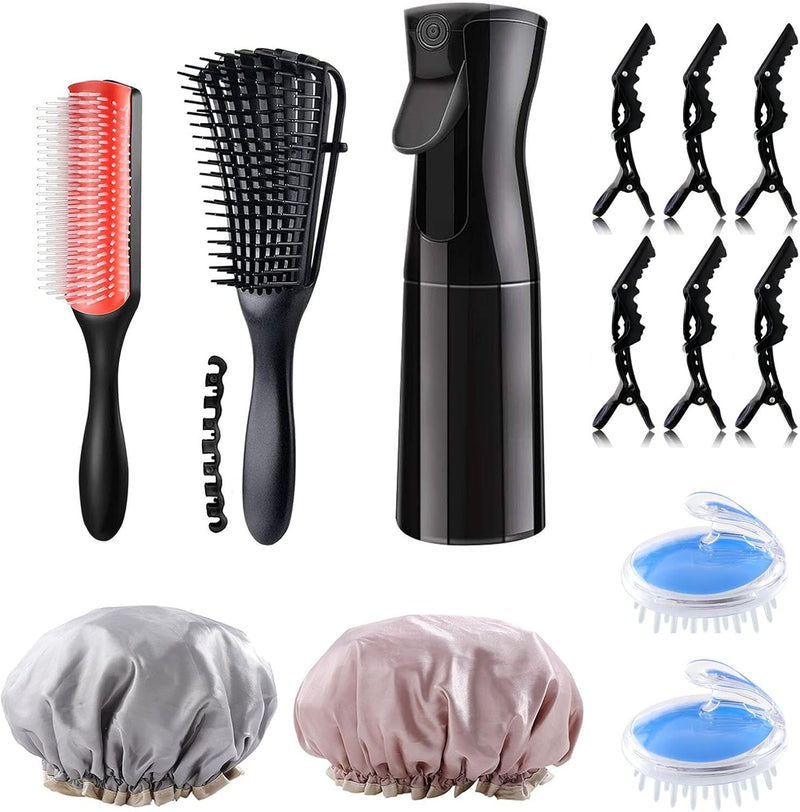 Hair Brush Set Curly Hair Brush Detangling Brush 7 Row Styling Brush for Detangling,Separating,Shaping and Defining Curls,Includes Scalp Massager,Hair Pins,Silk Bonnet for Sleeping,Spray Bottle