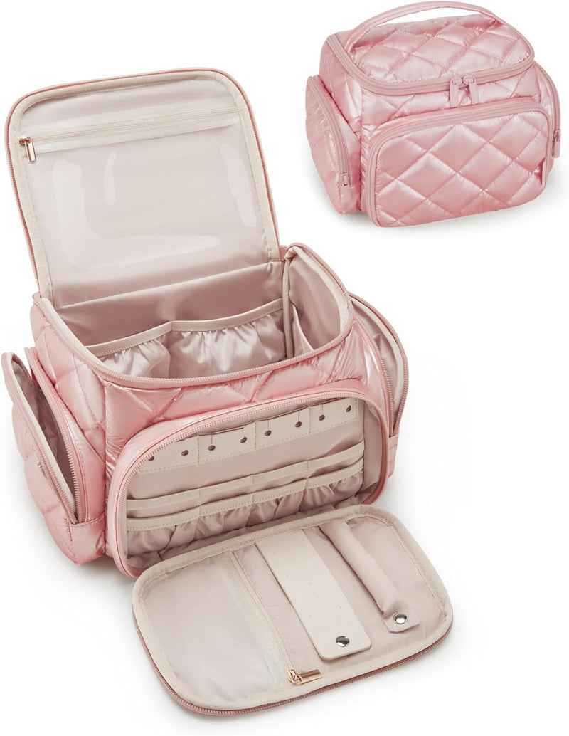 Makeup Bag Travel Cosmetic Bag, Portable Wide-Open Pouch Purse Large Capacity Makeup Organizer Case, Makeup Case Storage Organiser for Women Girl,Pink
