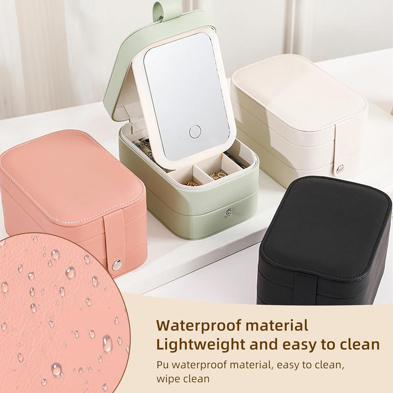 Travel Makeup Bag with 3 Colours Led Illuminated Mirror, Cosmetic Bag 3 Layers Portable Travel Jewellery Makeup Organiser Mirror Makeup Case with Dividers for Women (White)