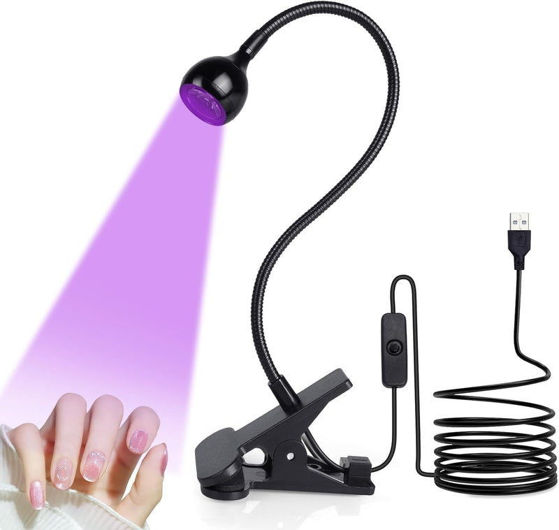 Mini UV Nail Lamp, Small LED Lamps for Gel Nails, 3W UV Glue Curing Lamp with Securing Clip, Rotatable & Rechargeable Mini Nail Dryer, Portable LED Nail Light, Gift for Women Nail Art (Black)