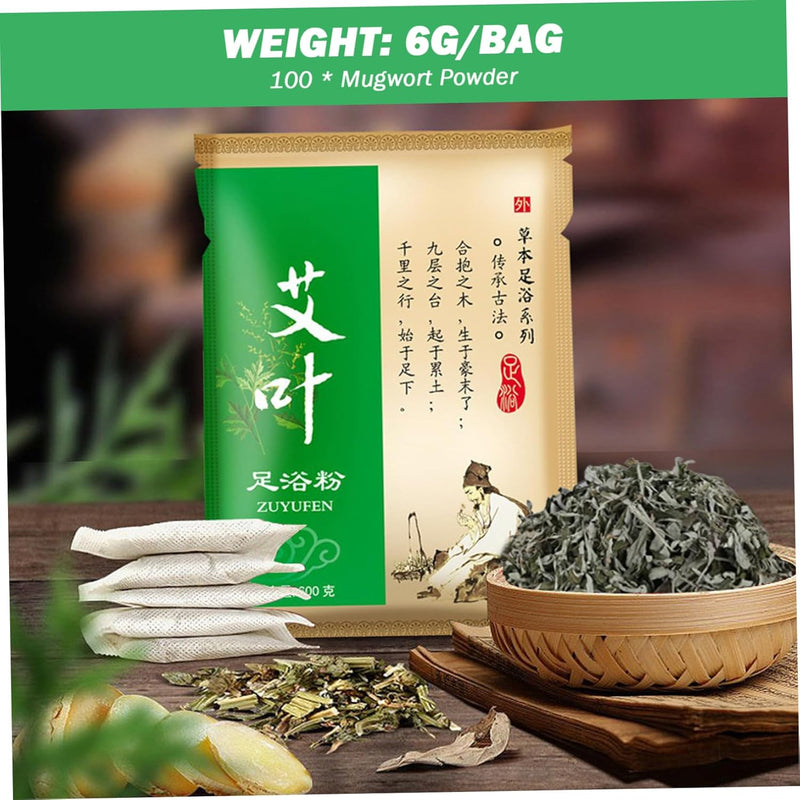 Mugwort Powder Foot Soak, 100 Bags/Pack Chinese Natural Mugwort Herb Foot Soak, Disposable Herbal Foot Bath Soak for Relax Eliminating Dampness