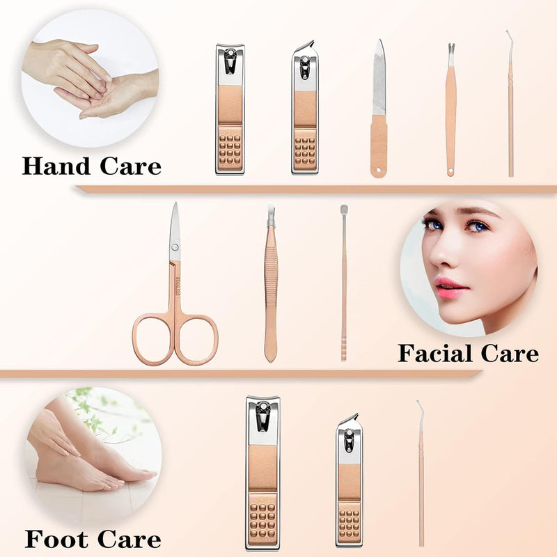 Nail Clippers Manicure Set - 9 in 1 Professional Stainless Steel Nail Scissors Grooming Kit for Women & Man Nail Care Tools Pedicure Kit with Pink PU Leather Zip Case for Travel & Home（Rose GOLD）