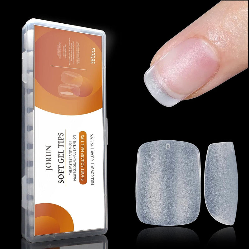 360 Pcs Extra Short Square Gel False Nail Tips, Clear Soft Gel Full Fover Nail Tips,Suitable for Salon or Home DIY -15 Sizes