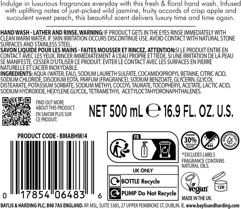 Jasmine & Apple Blossom Anti-Bacterial Hand Wash 2 Litre Refill (Pack of 3 - Total 6 Litres) - Vegan Friendly