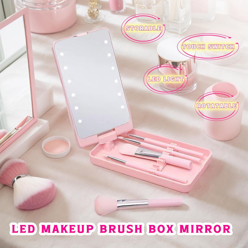 Pink Pocket Mirror with Led Light, 5 Makeup Brushes, Folding, Rechargeable, Dimmable, Compact Travel Mirror for Purse, Handbag