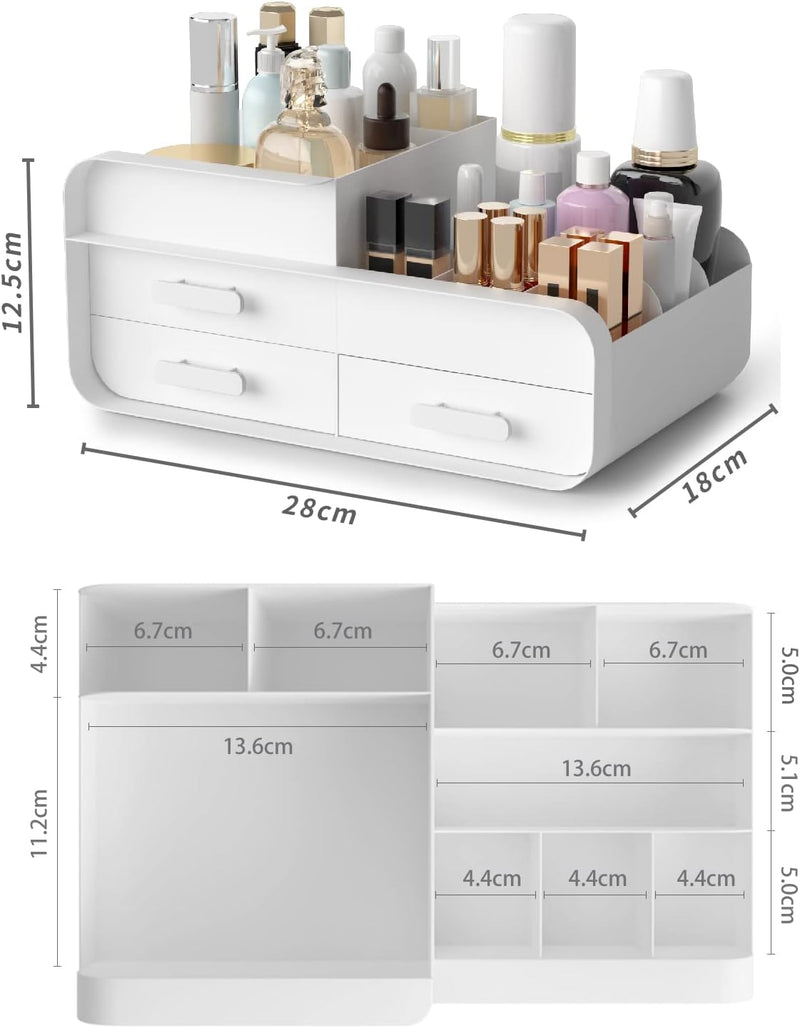 Makeup Organiser Cosmetic Storage Box, Make up Organizer Dressing Table Plastic Cosmetics Holder with Drawer - Large Countertop Vanity Cosmetic Stand Containers for Beauty Skincare Jewellery, White