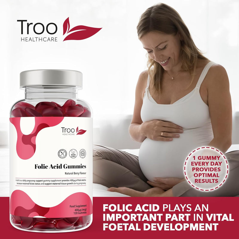 Folic Acid 400Μg Gummy Prenatal Supplement - 60 Natural Berry Flavour Gummies to Support Health Pregnancy & Foetus Development - No Common Allergens or GMO