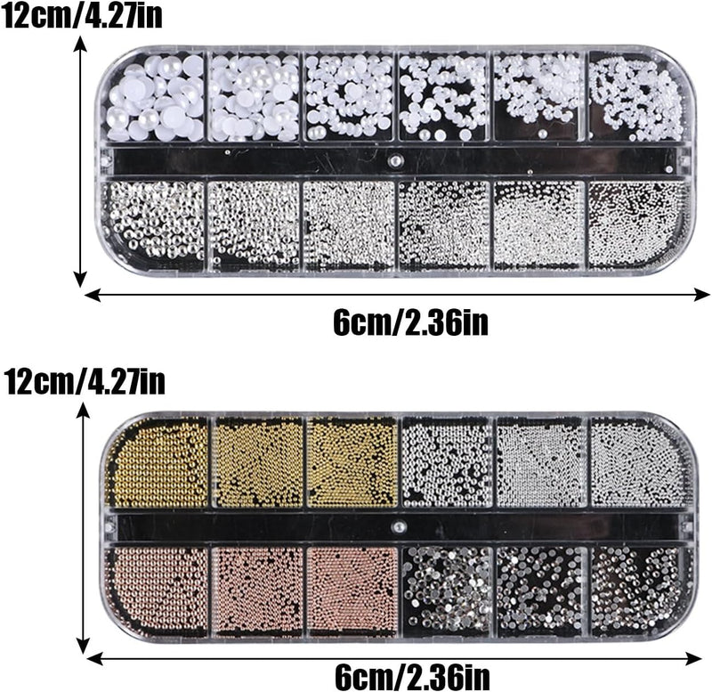 3D Nail Charms, 2 Boxes Multi-Shape Nail Art Charms Nail Rhinestones Flat Nail Pearls Gold Silver Caviar Beads Crystal Nail Gems for Nail Art Decoration DIY Crafts (F)