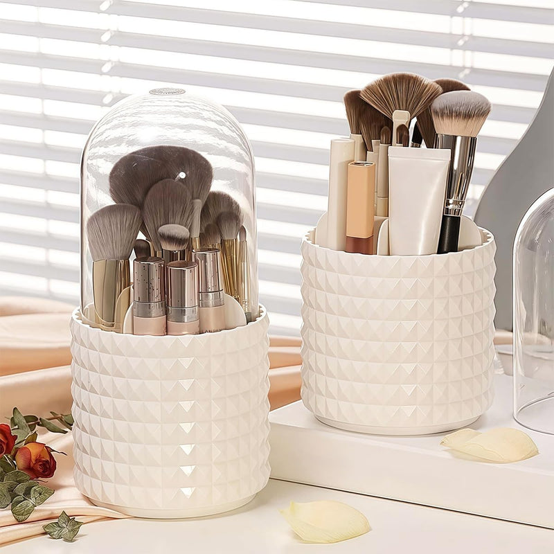 Makeup Brush Holder with Lid Organiser Storage - 360° Rotating Spinning Make up Organiser Adjustable Pencil Pen Holder Rack for Bathroom Drawers Vanities Countertops Office Desk White, 1002