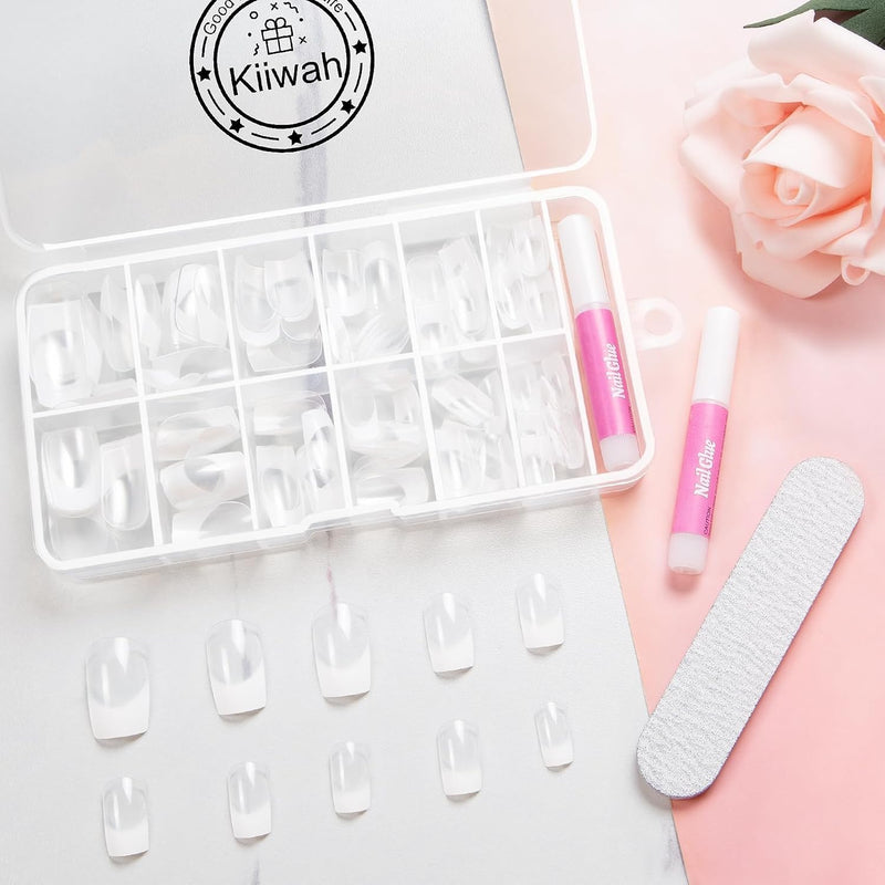 120Pcs French Manicure False Nails Square, Short French Tip False Nails, Full Cover Transparent Press on Nails Stick on Fake Nails for Women Girls Nails Art (White)
