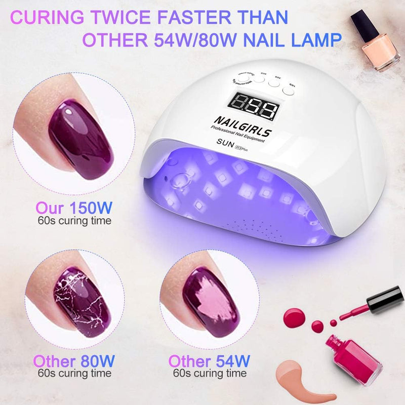 UV LED Nail Lamp, 150W Gel Polish Nail Dryer, 4 Timer Presets, Auto Sensor, Detachable Base, Nail Art Tools for Fingernail