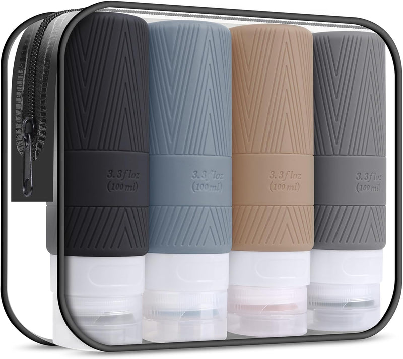 Travel Bottles for Toiletries, 100Ml Silicone Travel Bottles Set, Leakproof Refillable Squeeze Travel Size Toiletries Containers for Shampoo, Shower Gel (4 Pack)