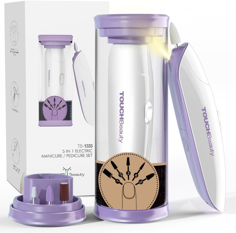 Electric Nail Drill, 5 in 1 Manicure & Pedicure Set Electric Nail Files with LED Light for Acrylic Nails with Buffer, Polisher, Shine, Sharper AG-1333 (Purple)