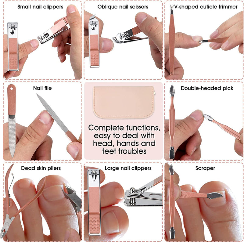 Nail Clippers and Beauty Tool Portable Set, Rose Gold Martensitic Stainless Steel Manicure Set 12 in 1, with Pink Leather Bag, Suitable for Home, Workplace, Outdoor Travel, Gift Giving, Beauty Salon.