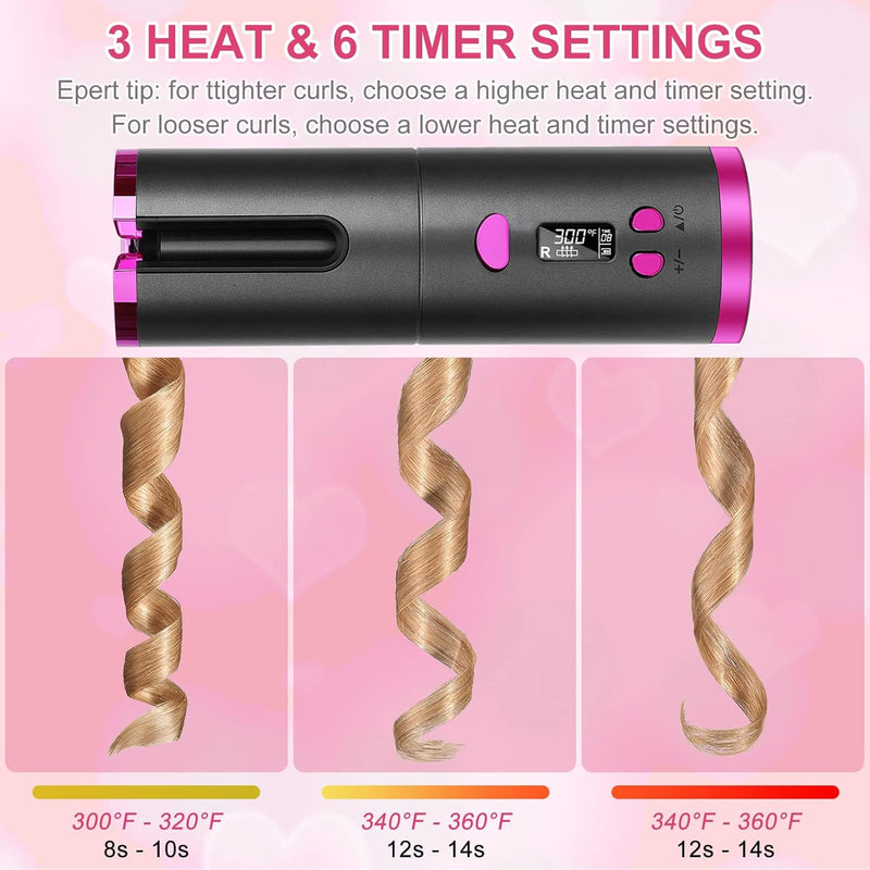 Cordless Curling Iron - Automatic Hair Curler with Built-In Rechargeable Battery, 6 Adjustable Temperature Setting Ceramic Professional Hair Curler for Long & Short Hair Stylingtyling