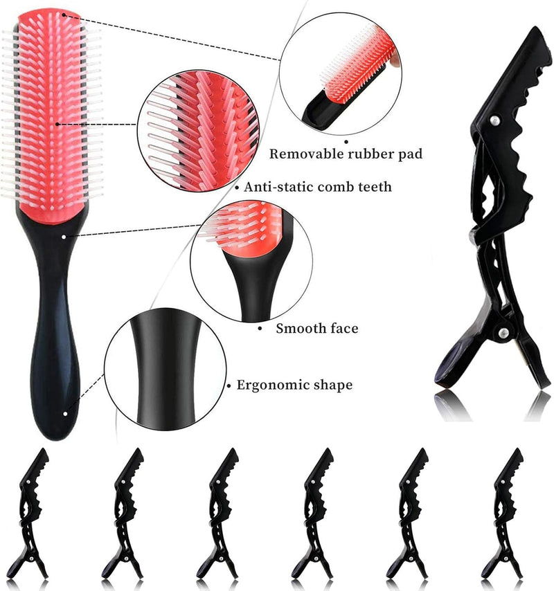 Hair Brush Set Curly Hair Brush Detangling Brush 7 Row Styling Brush for Detangling,Separating,Shaping and Defining Curls,Includes Scalp Massager,Hair Pins,Silk Bonnet for Sleeping,Spray Bottle
