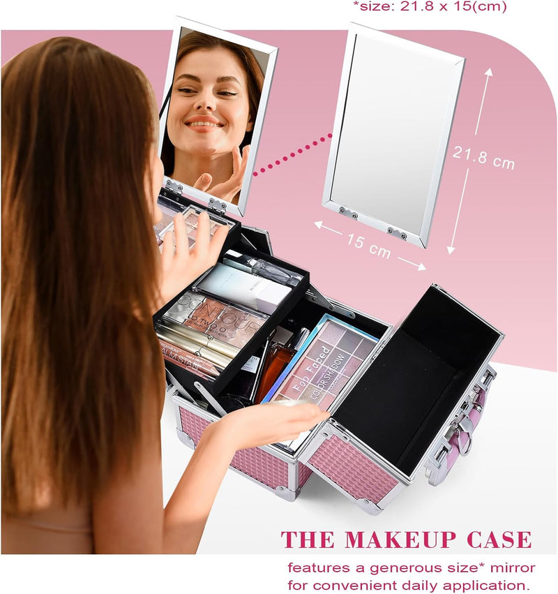 Makeup Box Vanity Case Cosmetic Organiser Box Beauty Storage Train Case with Mirror, Lockable with Keys, Holographic Pink