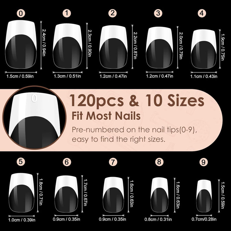120Pcs French Manicure False Nails Square, Short French Tip False Nails, Full Cover Transparent Press on Nails Stick on Fake Nails for Women Girls Nails Art (White)