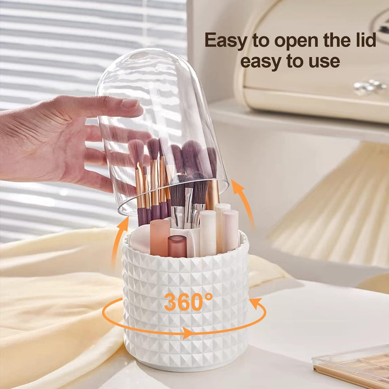 Makeup Brush Organiser Makeup Brush Holder with Lid, 360 Rotating Dustproof Cosmetics Organiser for Dressing Table and Bathroom