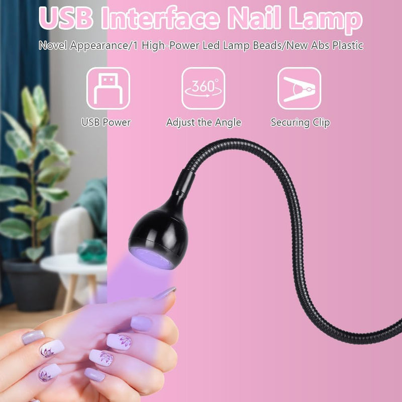 Mini UV Nail Lamp, Small LED Lamps for Gel Nails, 3W UV Glue Curing Lamp with Securing Clip, Rotatable & Rechargeable Mini Nail Dryer, Portable LED Nail Light, Gift for Women Nail Art (Black)