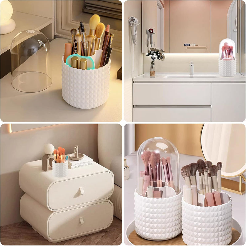 Makeup Brush Organiser Makeup Brush Holder with Lid, 360 Rotating Dustproof Cosmetics Organiser for Dressing Table and Bathroom