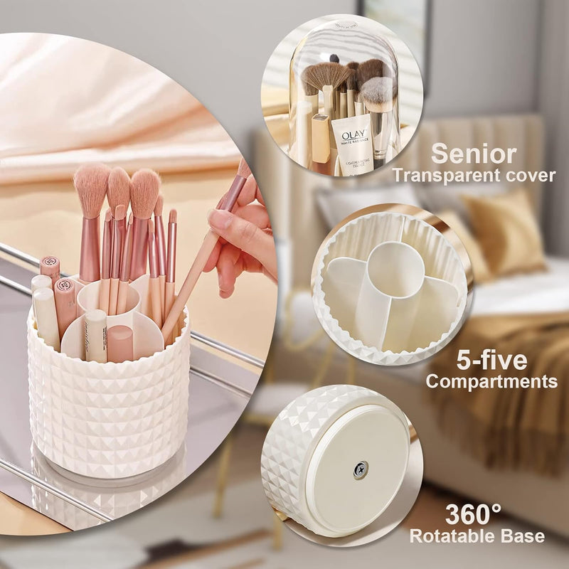 Makeup Brush Organiser Makeup Brush Holder with Lid, 360 Rotating Dustproof Cosmetics Organiser for Dressing Table and Bathroom