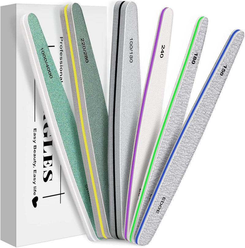 Nail Files,  6Pcs Professional Emery Boards Set for Acrylic Gel Natural Nails(Include 150,180,240,100/180,220/280,1000/4000 Grit)